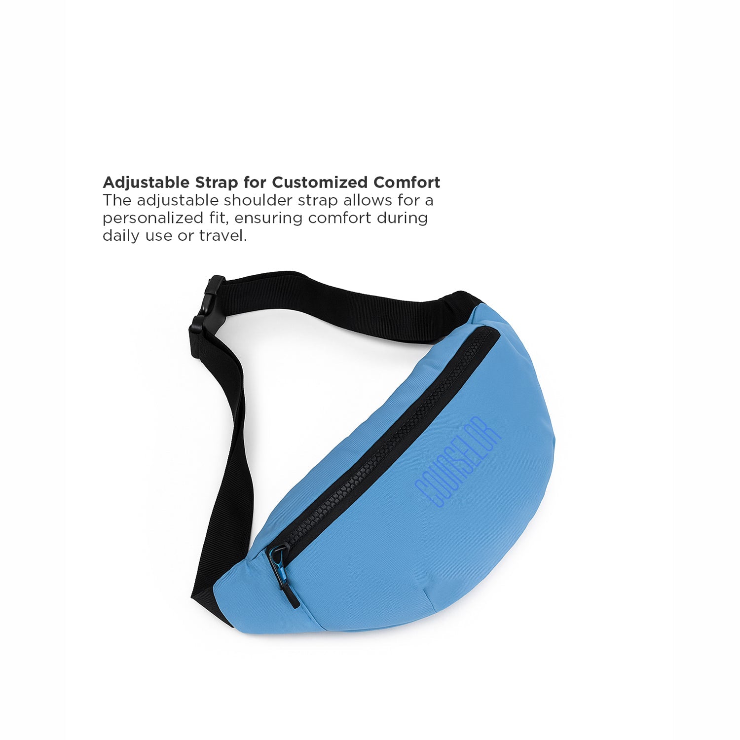 Sky blue fanny pack featuring an adjustable strap for personalized comfort during daily use or travel.