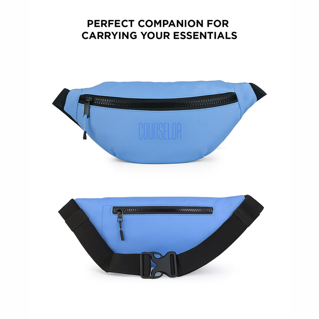 Sky blue waist pouch featuring a zippered pocket and adjustable strap for hands-free convenience.