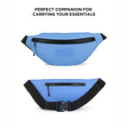 Sky blue waist pouch featuring a zippered pocket and adjustable strap for hands-free convenience.