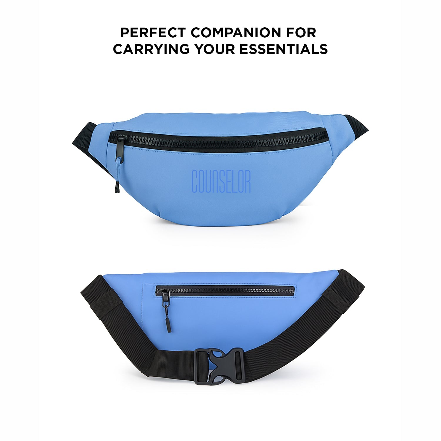 Sky blue waist pouch featuring a zippered pocket and adjustable strap for hands-free convenience.