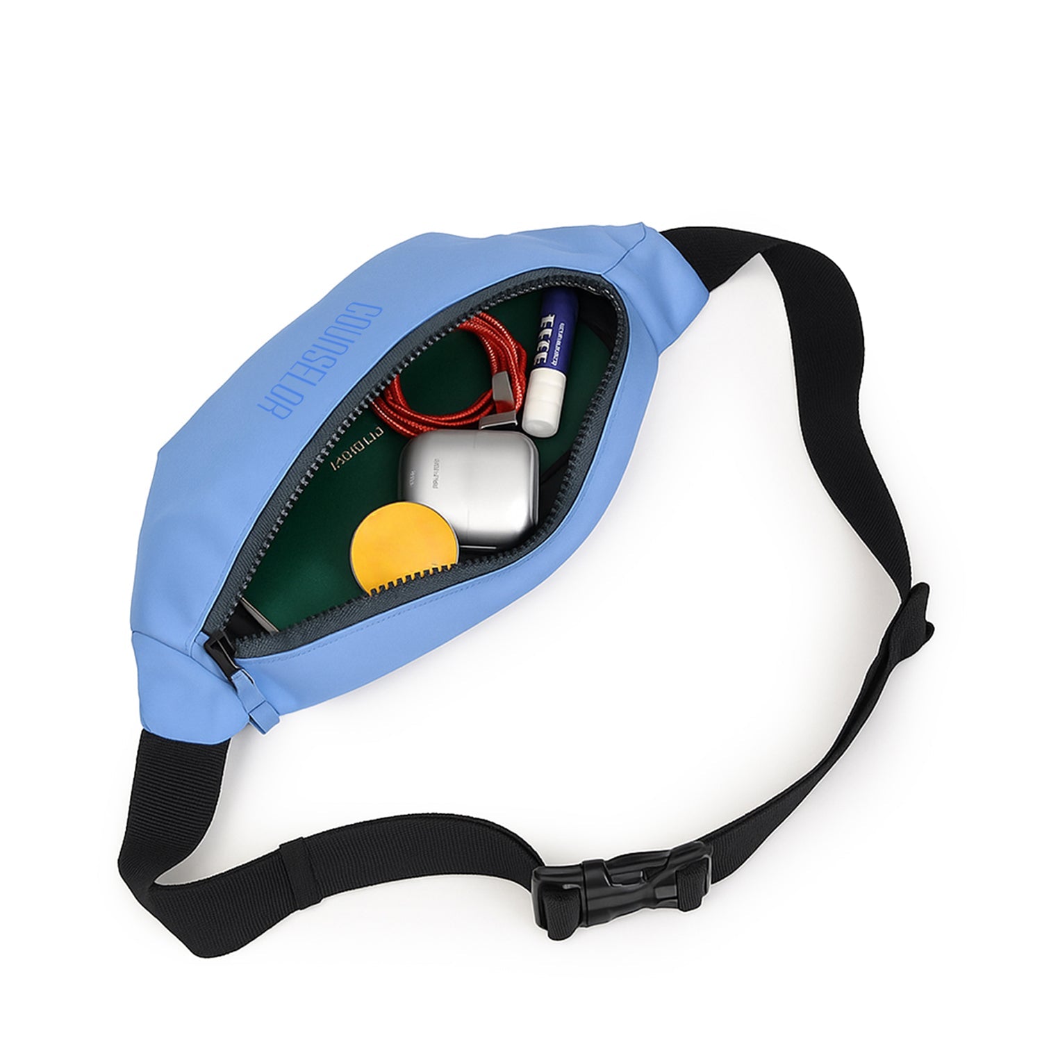 Sky blue waist pouch open, showcasing organized interior with essentials like earbuds, lip balm, and notebook.