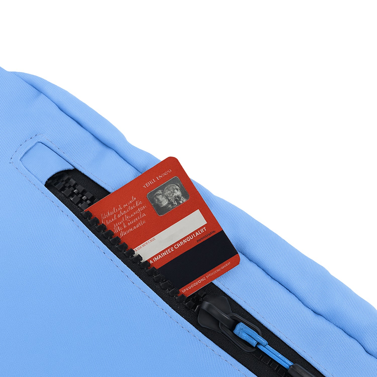 Close-up of sky blue fanny pack with a card partially visible in the zip pocket.