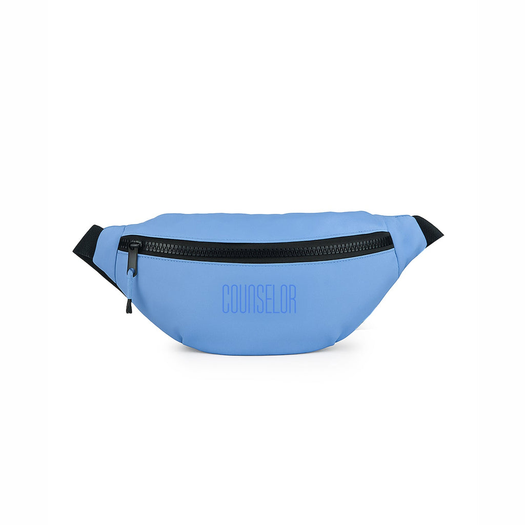 Sky blue fanny pack featuring a durable zipper and adjustable strap, perfect for hands-free convenience.
