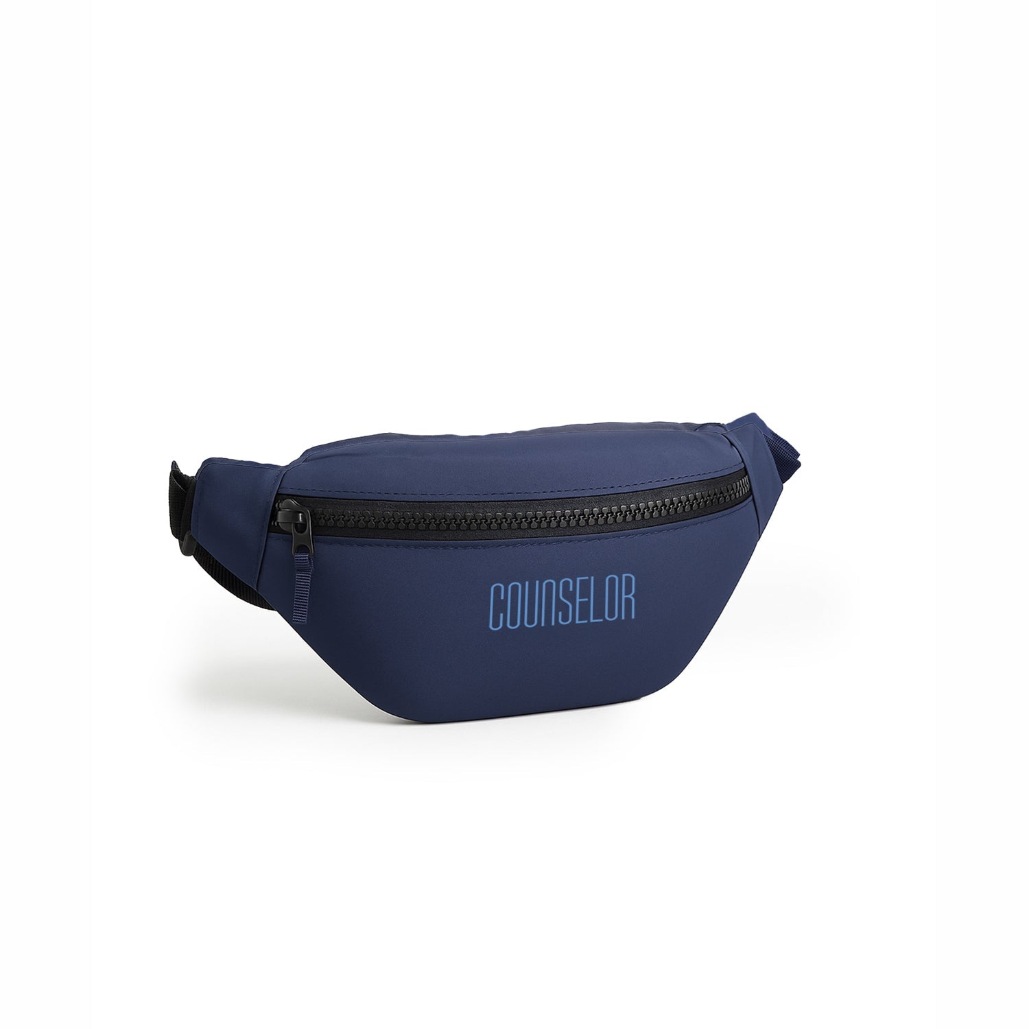 Navy blue fanny pack with 'COUNSELOR' text, designed for durability and everyday use.