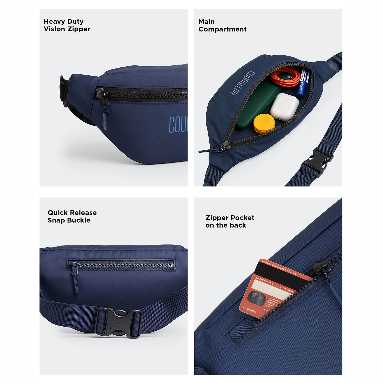 Navy Nexo Waist Pouch features heavy duty zipper, spacious main compartment, quick release buckle, and zippered back pocket.