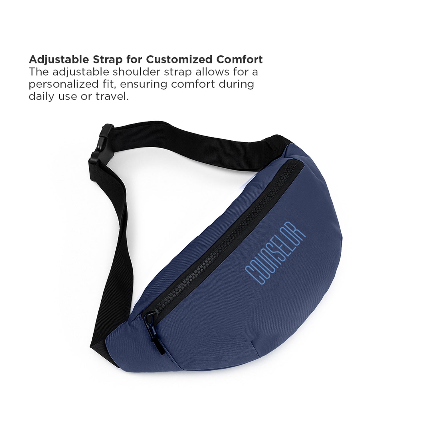 Navy blue adjustable waist pouch with sleek design, showcasing customizable strap for comfort during daily use or travel.