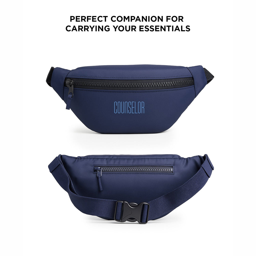 Navy blue Nexo waist pouch with zippered compartments, designed for carrying essentials comfortably and securely.