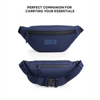 Navy blue Nexo waist pouch with zippered compartments, designed for carrying essentials comfortably and securely.
