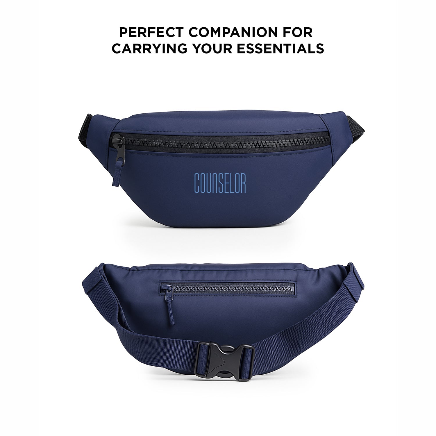 Navy blue Nexo waist pouch with zippered compartments, designed for carrying essentials comfortably and securely.
