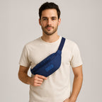 Model showcasing the Nexo Navy Waist Pouch, combining style and practicality for everyday use.