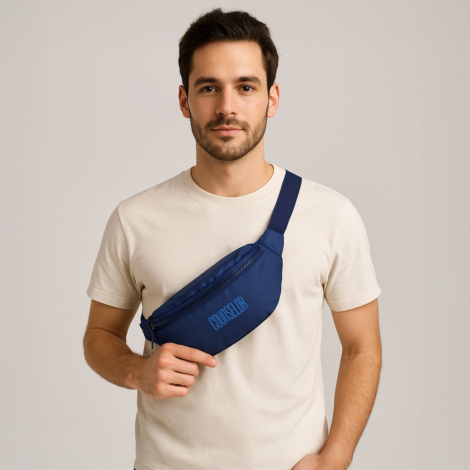 Model showcasing the Nexo Navy Waist Pouch, combining style and practicality for everyday use.