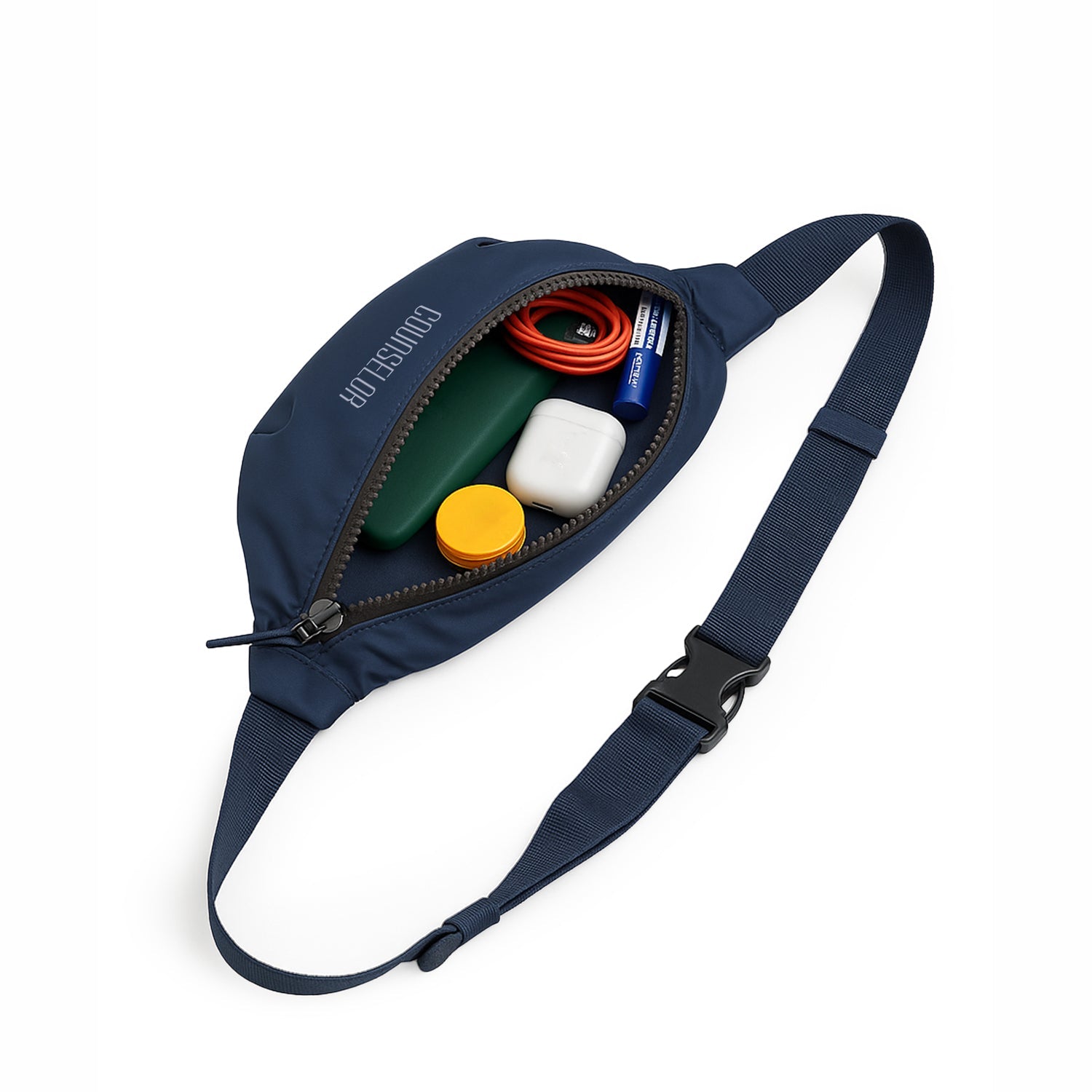 Navy Nexo Waist Pouch open, showcasing essentials like a phone and wallet inside.