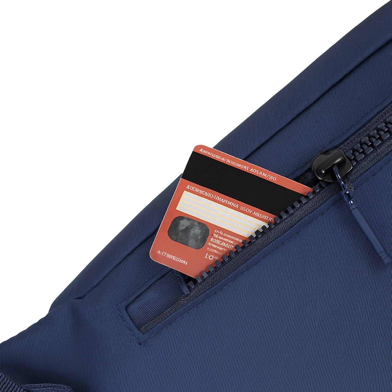 Close-up of navy waist pouch showing a card in the zip pocket, highlighting compact storage and durable design.