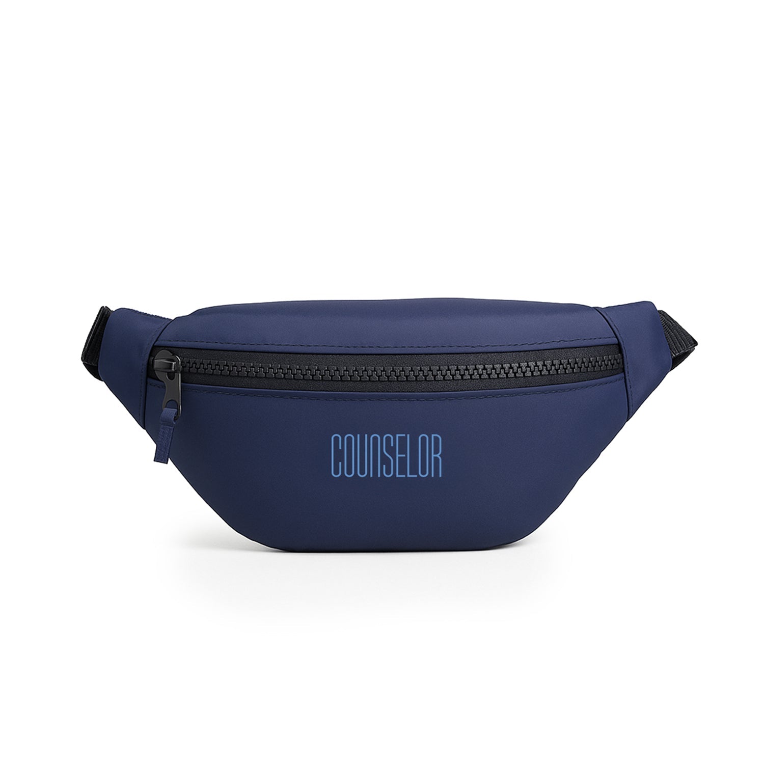 Navy blue Nexo waist pouch with zipper and 'COUNSELOR' text, designed for stylish, everyday use.