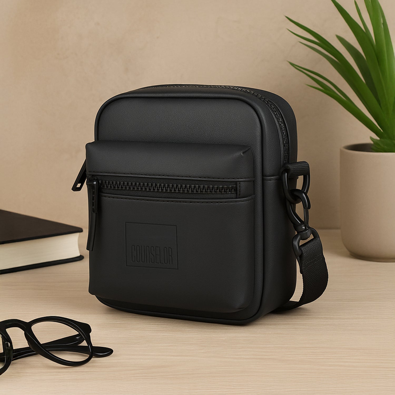 The Noma black side sling bag with a front zipper pocket, adjustable strap, and sleek vegan leather design.