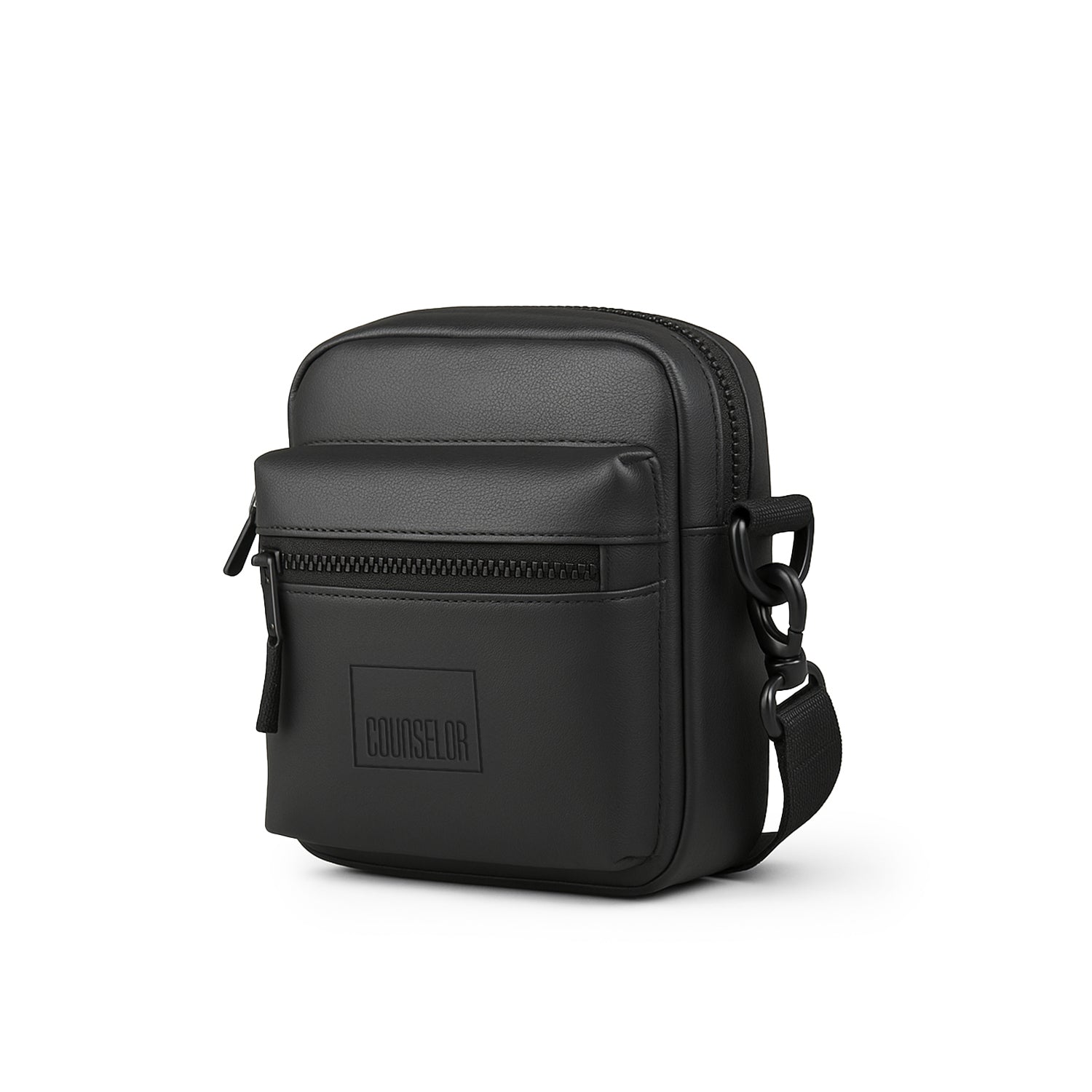 Stylish black vegan leather bag with front zipper pocket and adjustable shoulder strap for versatile wear.
