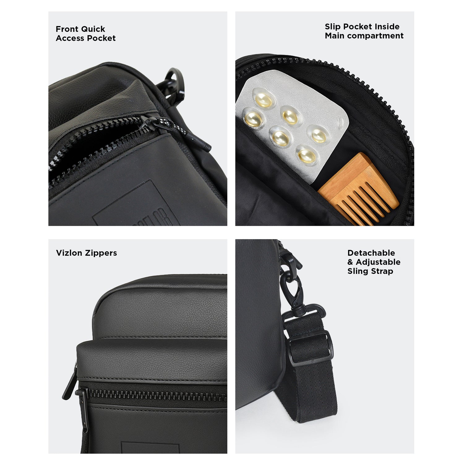 Noma Black bag features: front quick access pocket, slip pocket in main compartment, durable Vizlon zippers, adjustable sling strap.