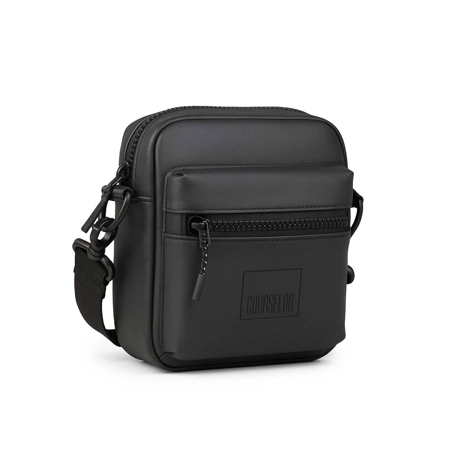 The Noma - Black bag made of vegan leather with a sleek design and front zipper pocket for efficient organization.