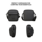 Stylish black vegan leather bag with adjustable strap, front pocket, and minimalist design for everyday use.