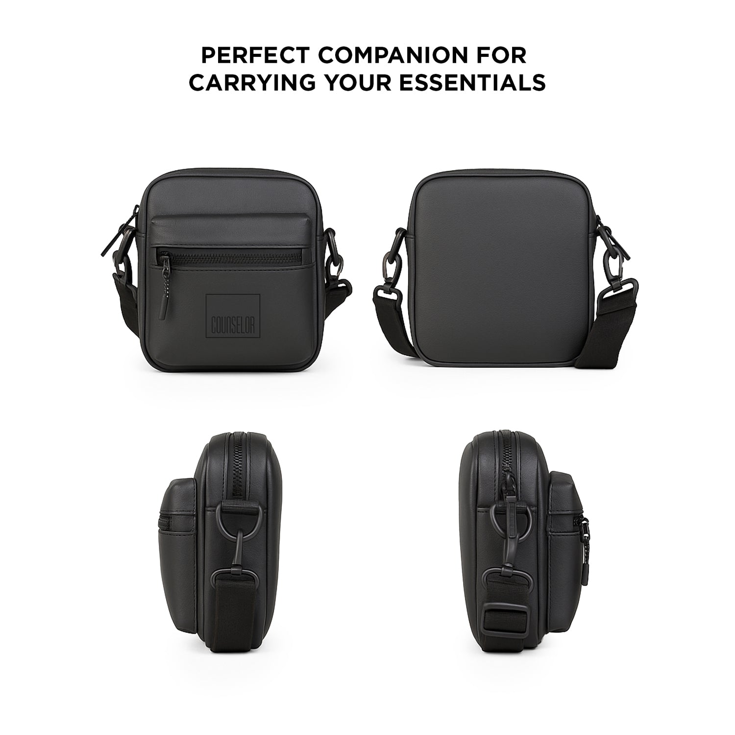 Stylish black vegan leather bag with adjustable strap, front pocket, and minimalist design for everyday use.