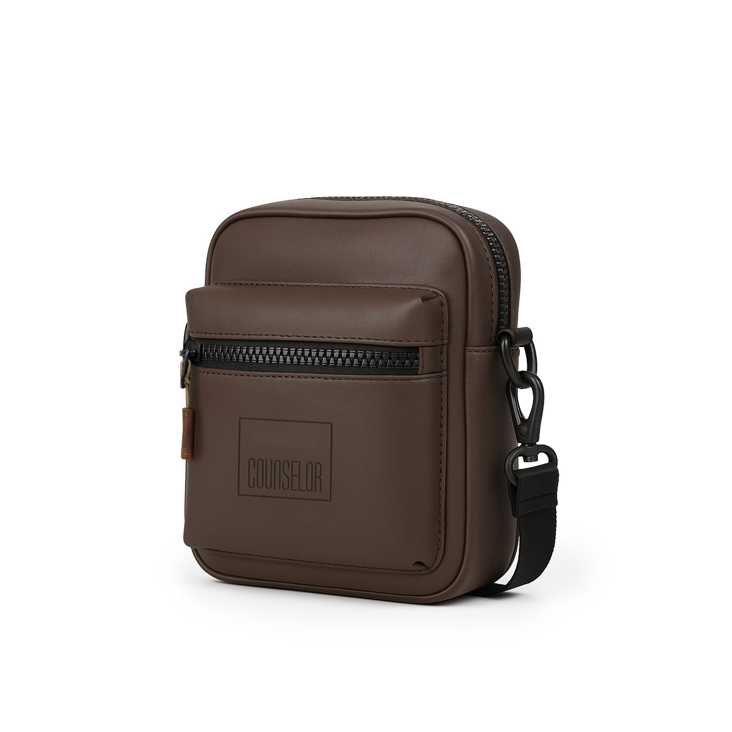 Brown vegan leather compact bag with zipper and adjustable strap, ideal for travel and daily use.