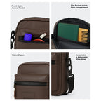 The Noma Brown bag showcasing quick access pockets, slip pocket, Vizlon zippers, and detachable adjustable strap.