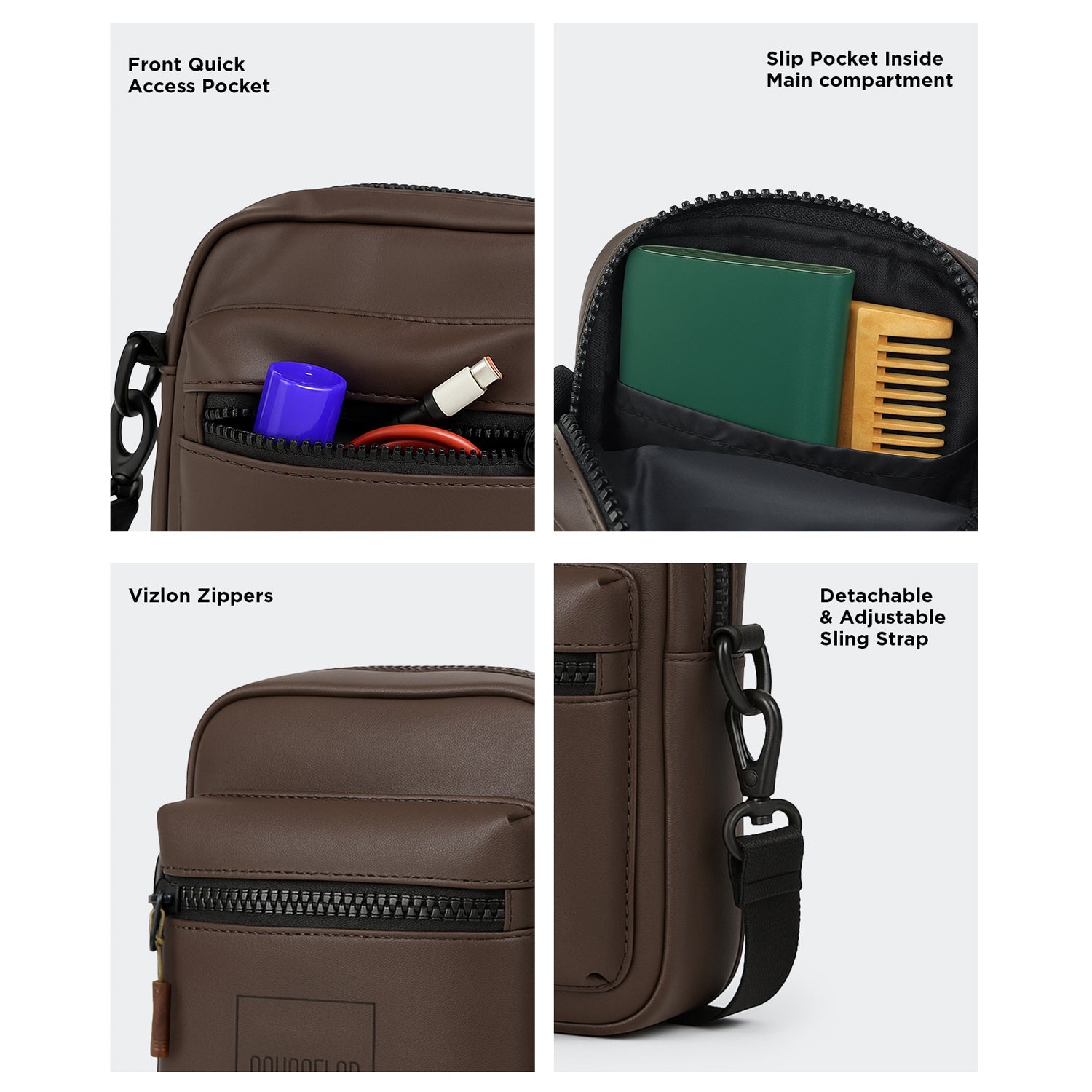 The Noma Brown bag showcasing quick access pockets, slip pocket, Vizlon zippers, and detachable adjustable strap.