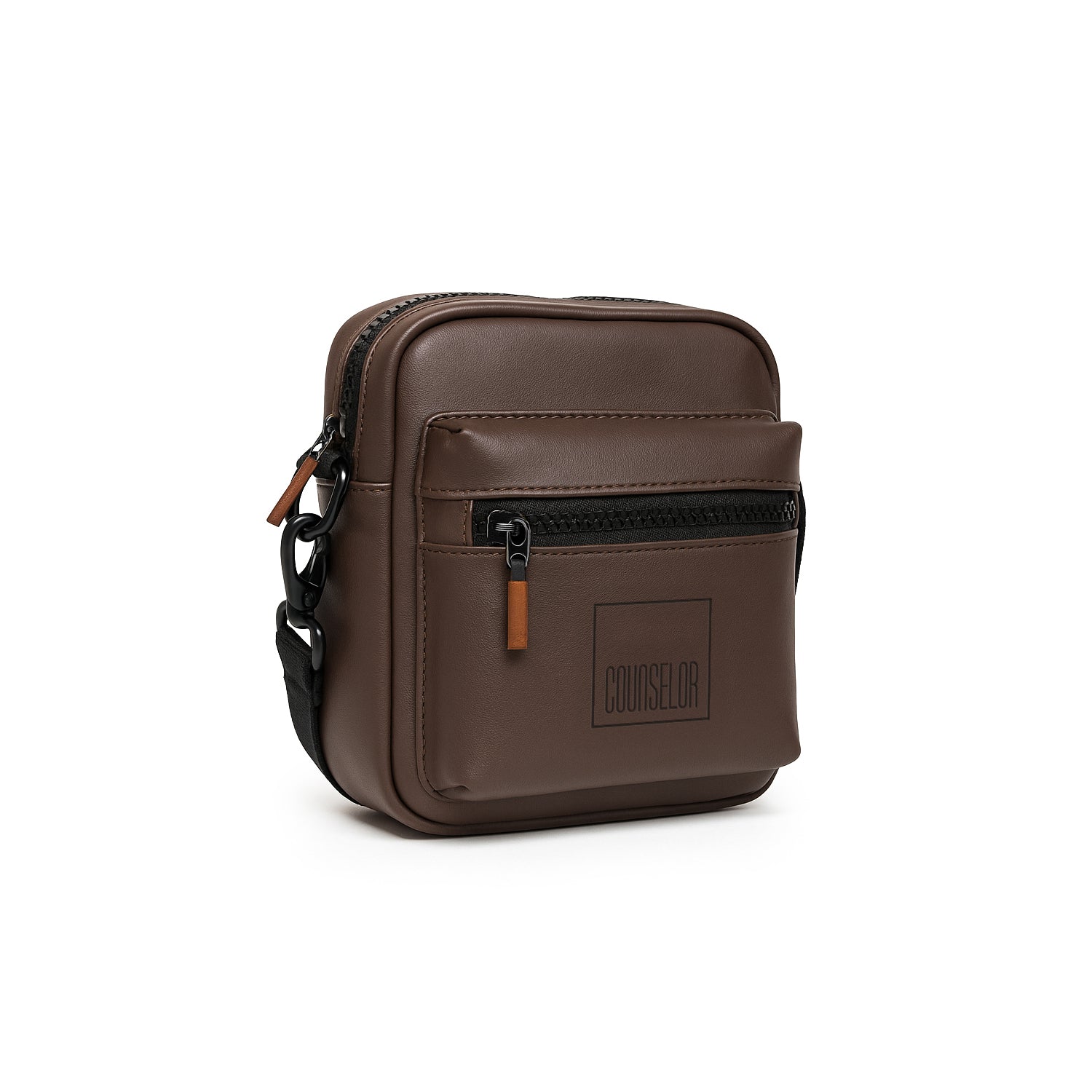 Stylish brown Noma bag made of vegan leather, featuring adjustable strap and front zipper pocket for convenience.
