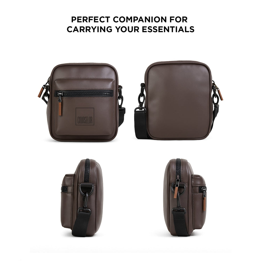 Stylish brown sling bag with adjustable strap, featuring zipper pocket, perfect for daily use and carrying essentials.