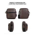 Stylish brown sling bag with adjustable strap, featuring zipper pocket, perfect for daily use and carrying essentials.