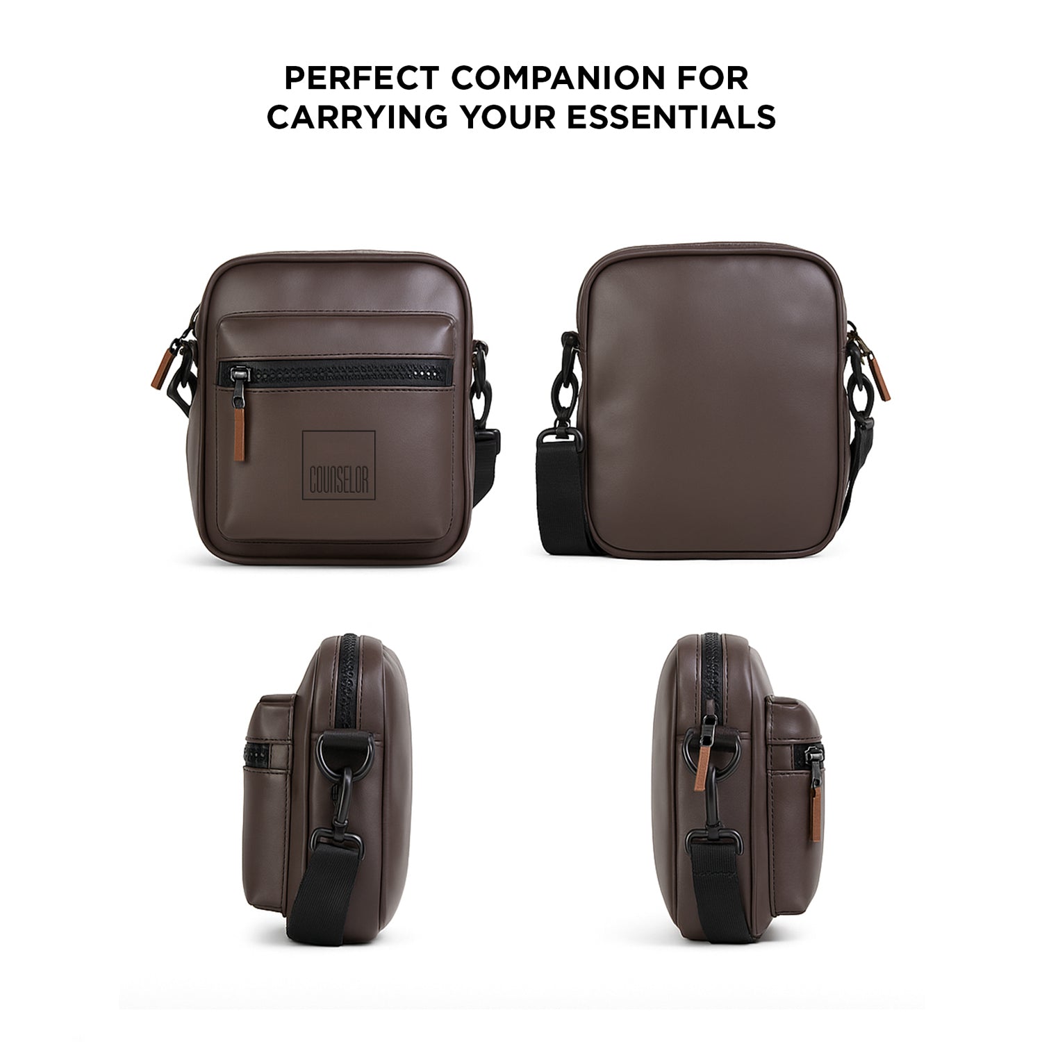 Stylish brown sling bag with adjustable strap, featuring zipper pocket, perfect for daily use and carrying essentials.
