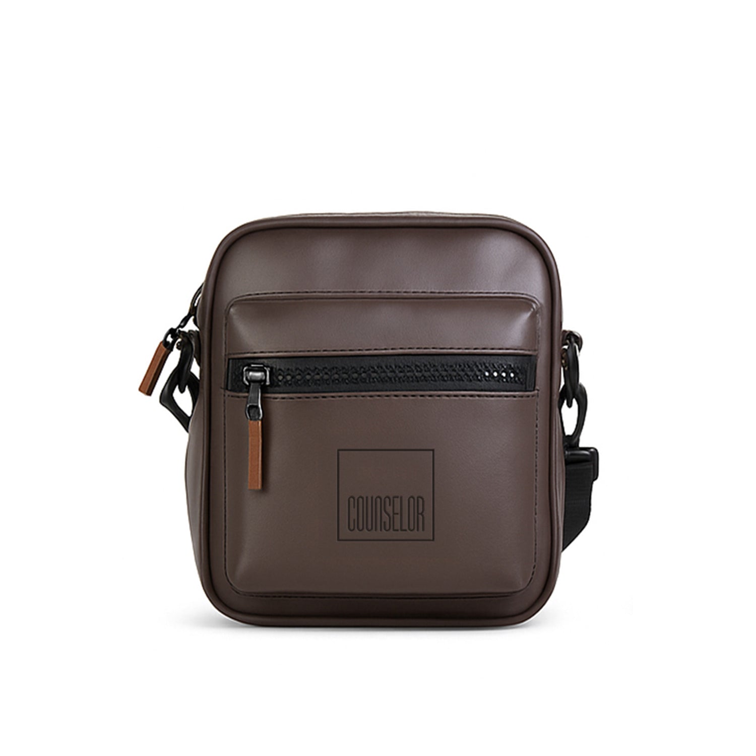 NOMA brown vegan leather bag with front zipper pocket and adjustable strap, perfect for travel and daily use.