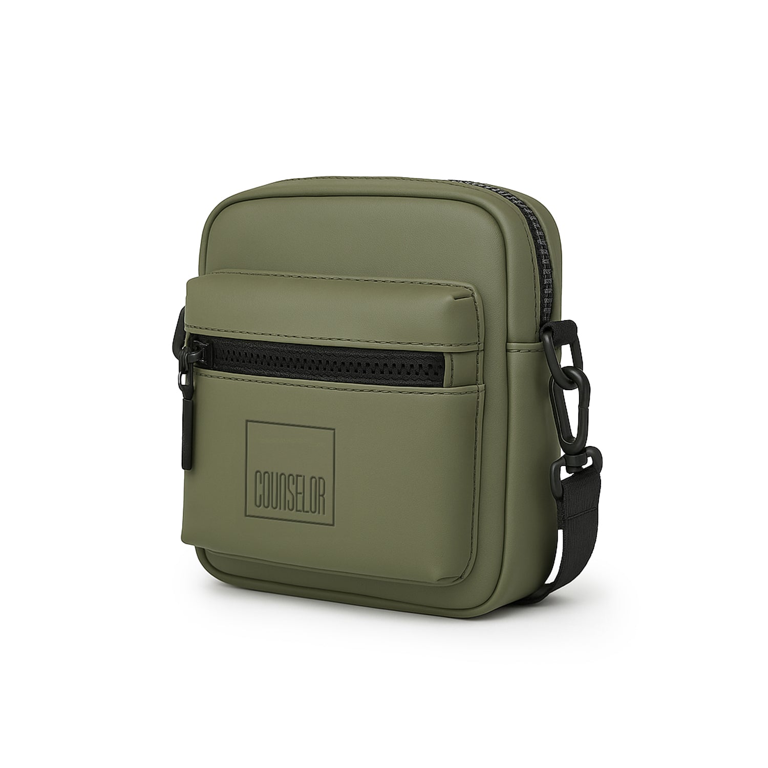The Noma Olive bag, a stylish eco-friendly design made from vegan leather, featuring an adjustable strap and a front zipper pocket.