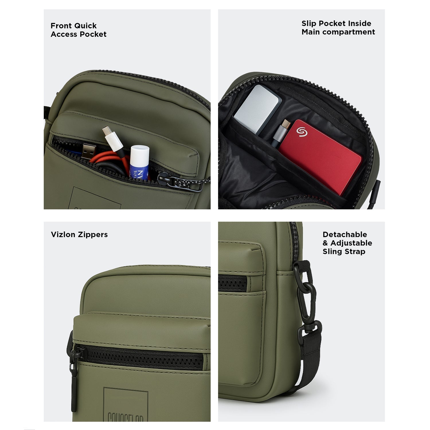 Close-up of the Noma olive bag showcasing front pocket, main compartment, Vizlon zippers, and adjustable strap.
