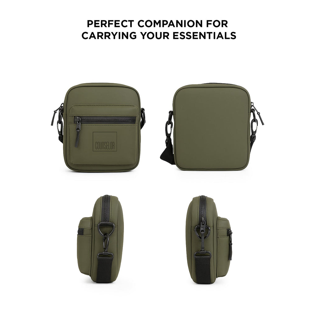 Stylish olive green bag with zippers, showcasing versatile angles for carrying essentials comfortably.