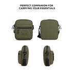 Stylish olive green bag with zippers, showcasing versatile angles for carrying essentials comfortably.