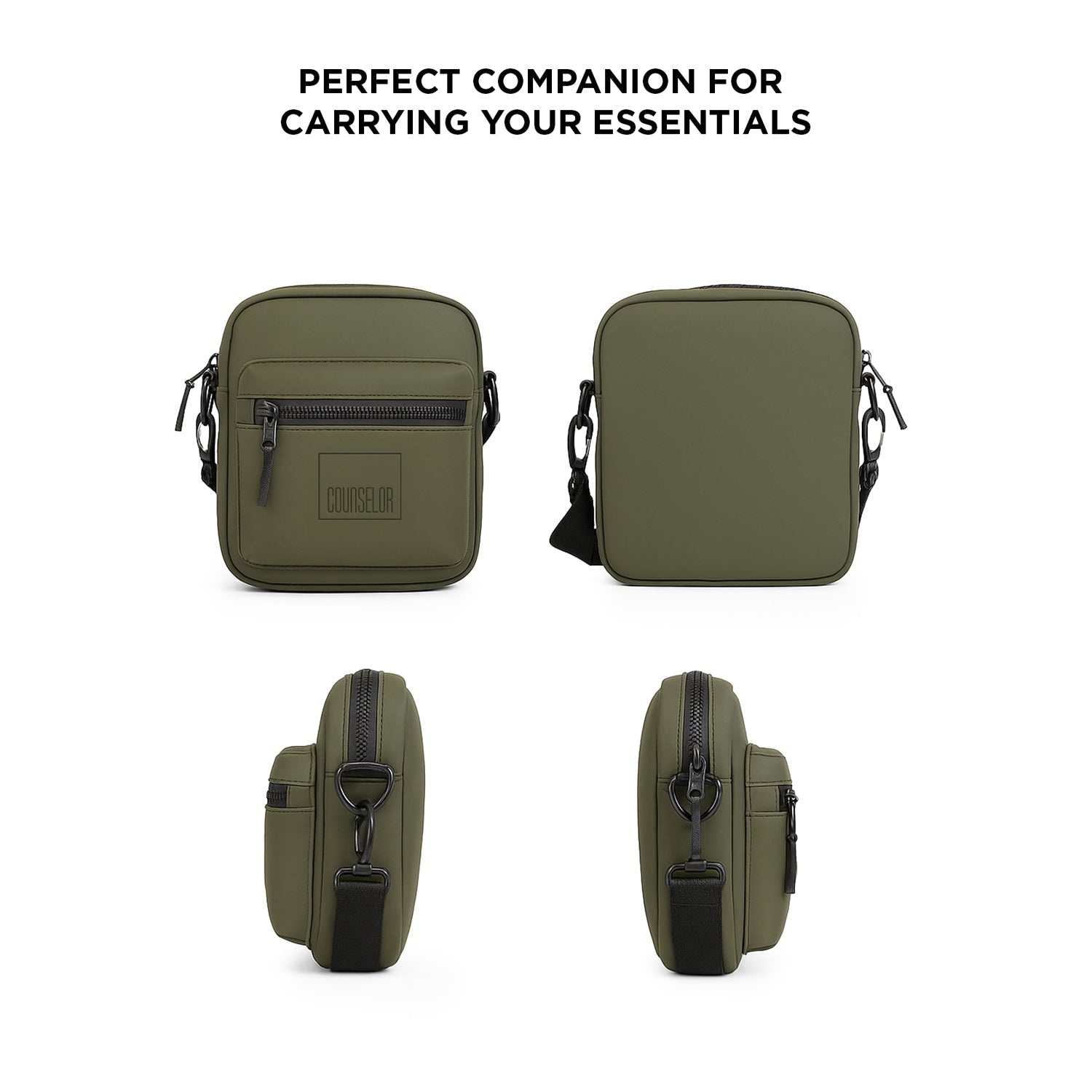 Stylish olive green bag with zippers, showcasing versatile angles for carrying essentials comfortably.