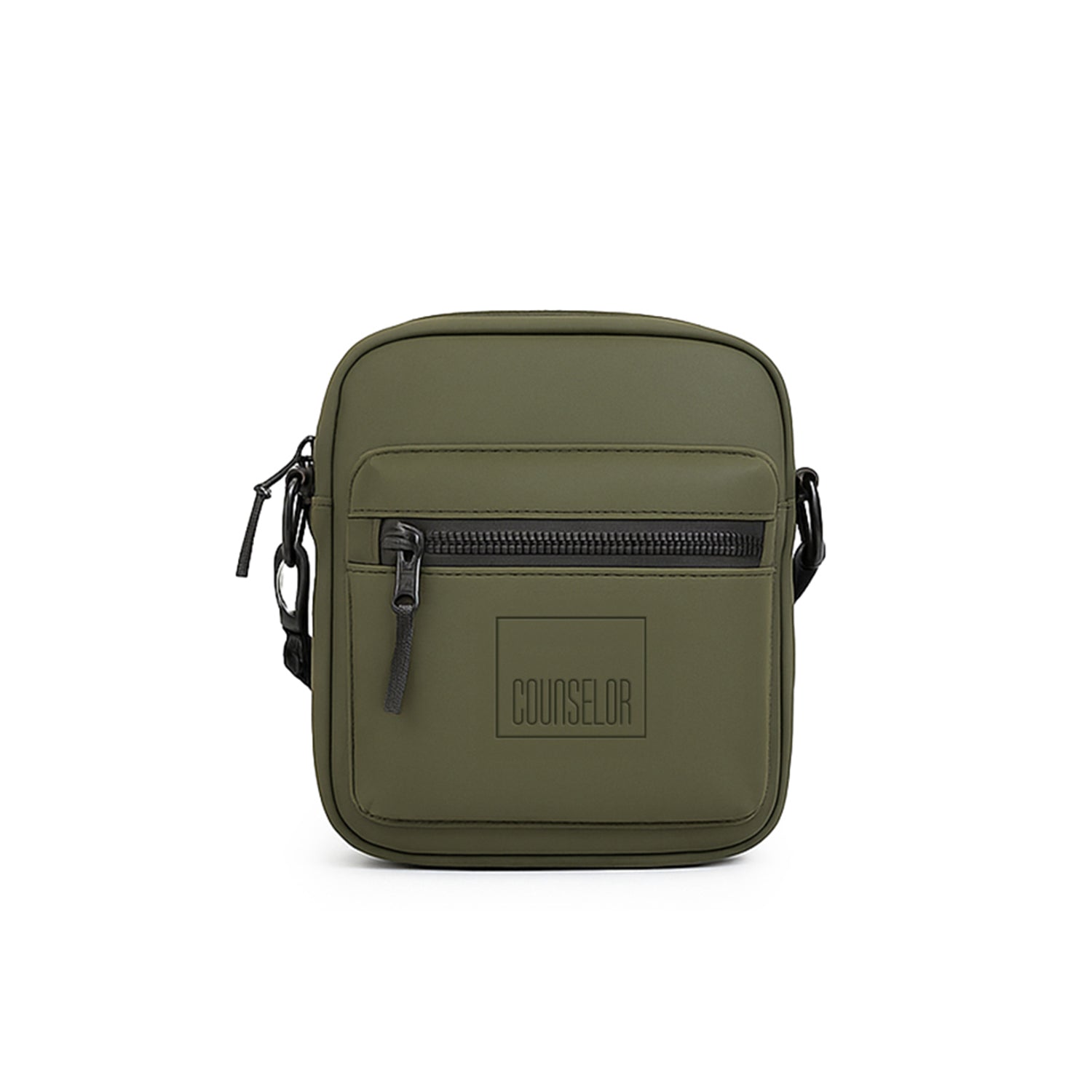 Stylish olive green bag with a front zipper pocket, featuring adjustable shoulder strap for versatile wear.