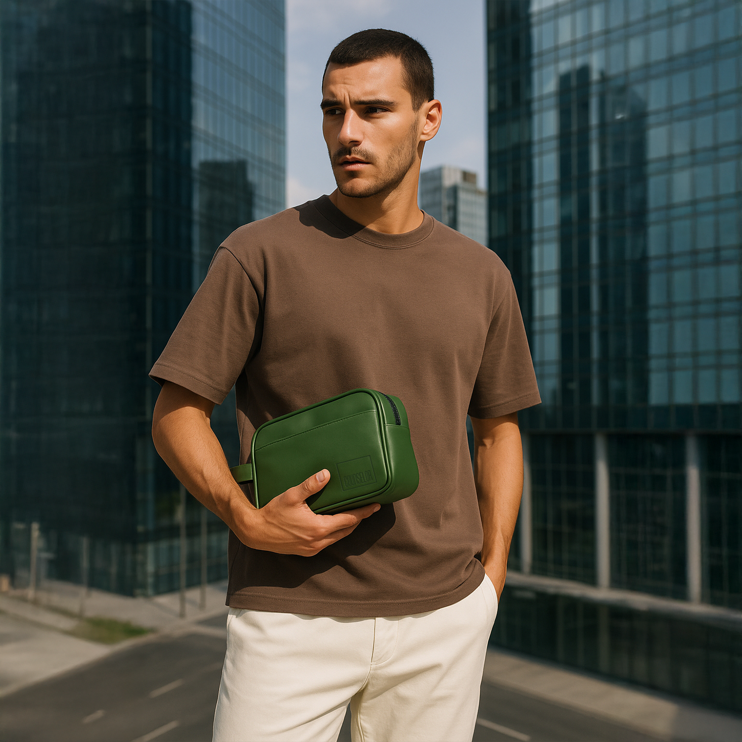 Young man holding a chic green toiletry kit against a modern urban backdrop, showcasing eco-friendly design.