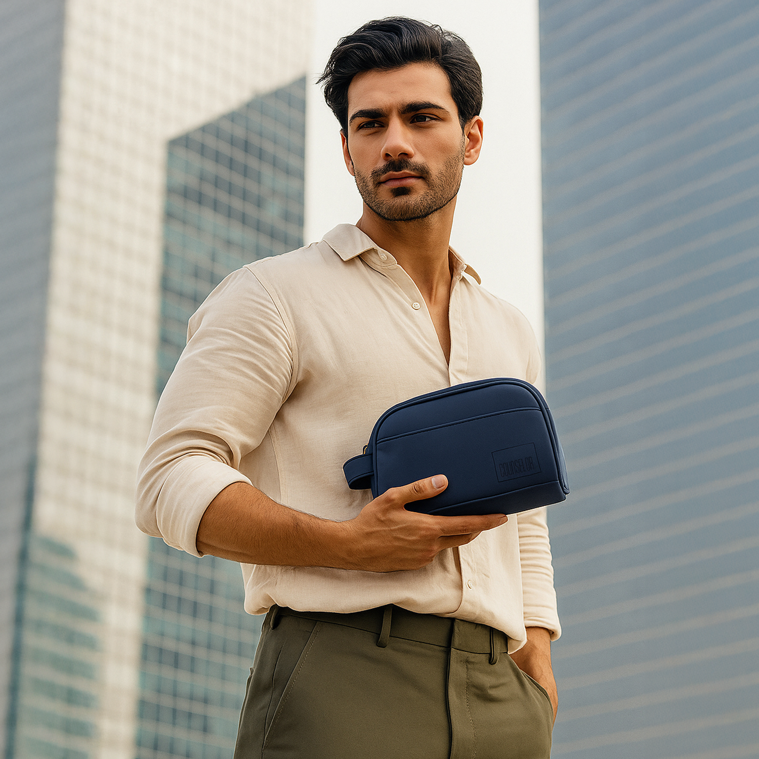 Stylish man holding the Swift Navy Toiletry Kit, set against a modern urban backdrop.