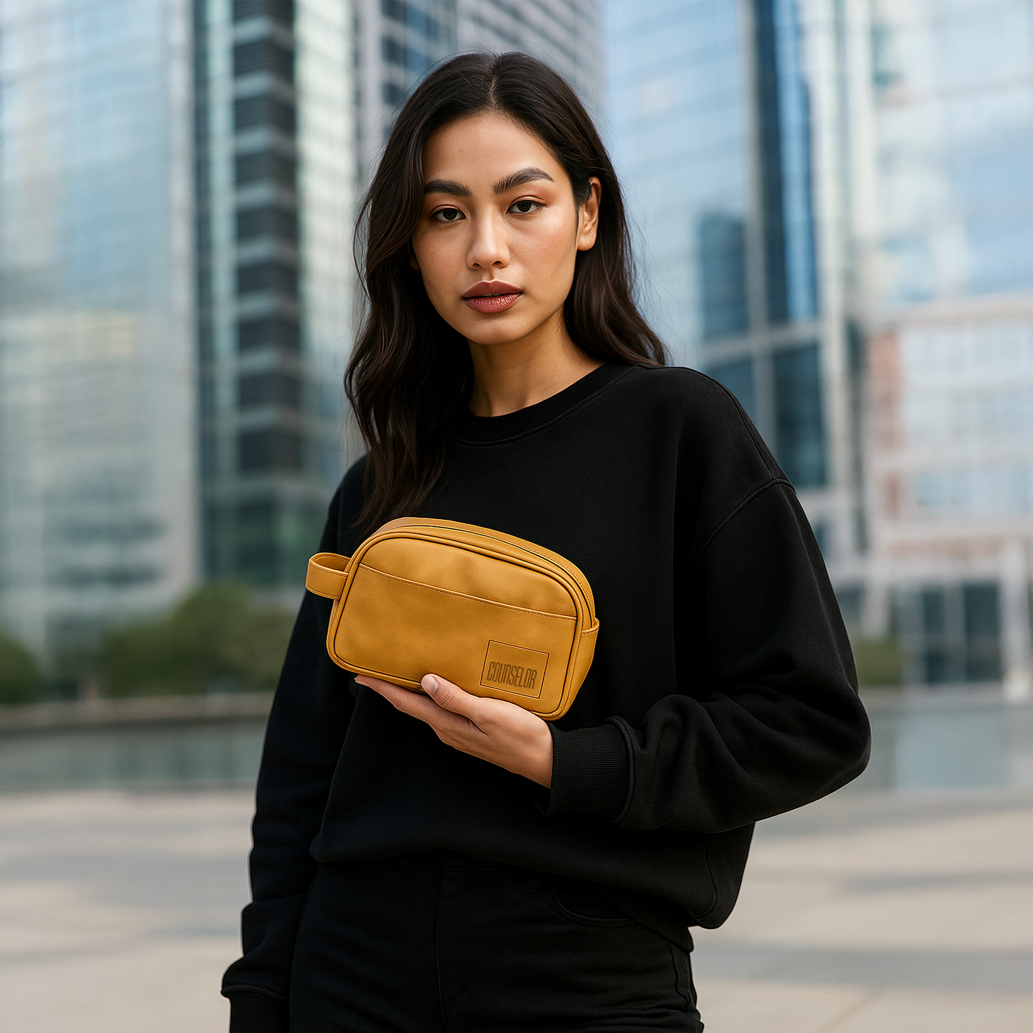 Chic woman holding the Swift Mustard Toiletry Kit, showcasing its eco-friendly design in an urban setting.