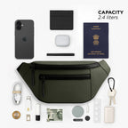Olive color waist bag, vegan leather fanny pack, stylish daily use accessory with 2.4 liters capacity.
