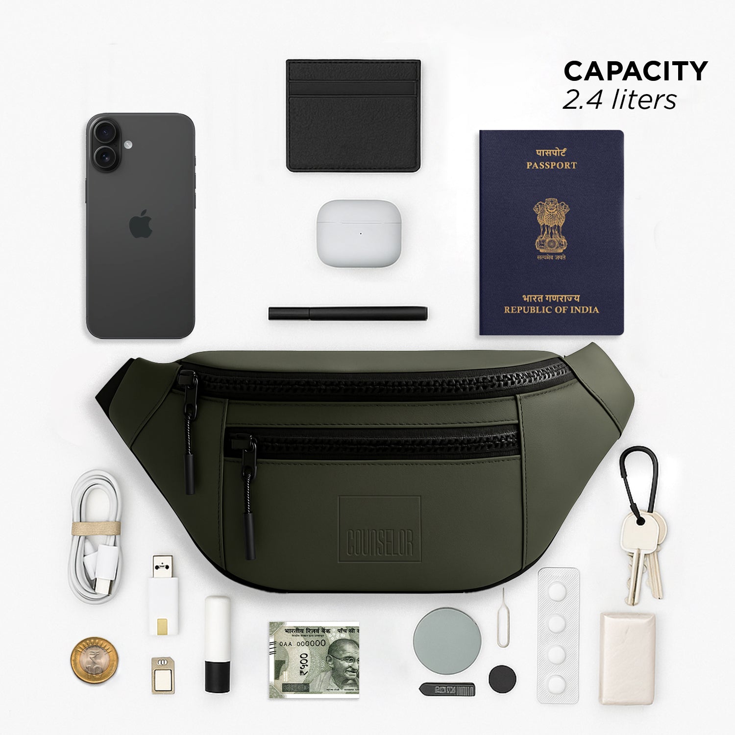 Olive color waist bag, vegan leather fanny pack, stylish daily use accessory with 2.4 liters capacity.