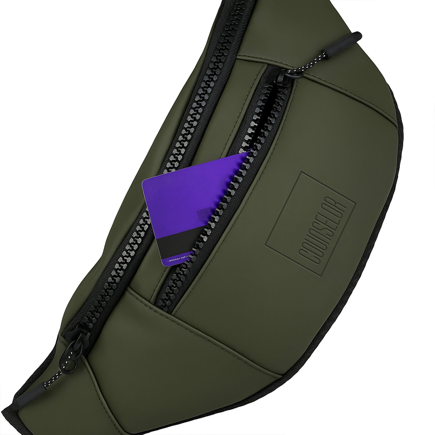 THE BLAZE olive waist bag with a zipper pocket holding a card, made from vegan leather for daily use.