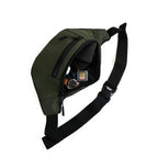 Stylish olive waist bag made from vegan leather, ideal for daily use, showcasing its interior and organization features.