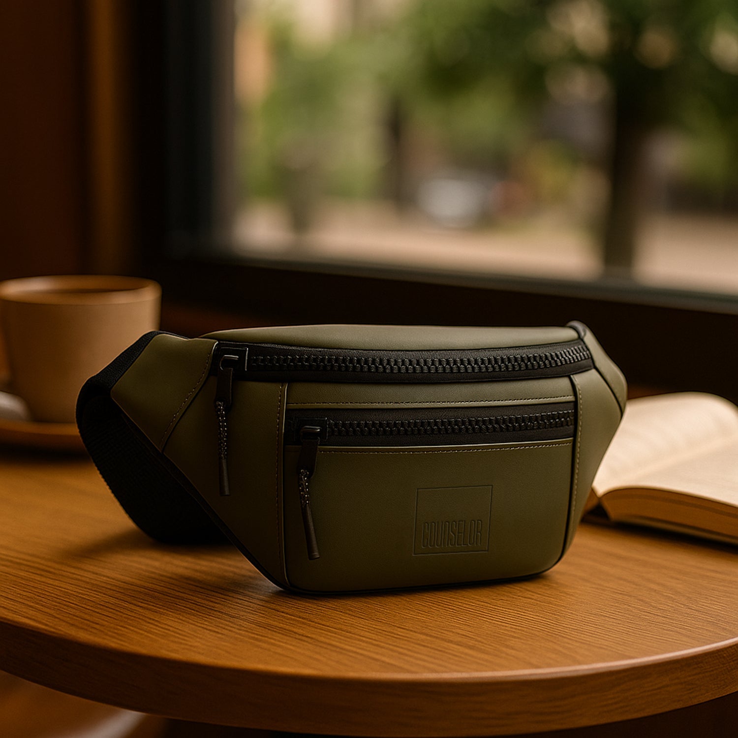 The Blaze waist bag in olive color, made of vegan leather, ideal fanny pack for daily use.