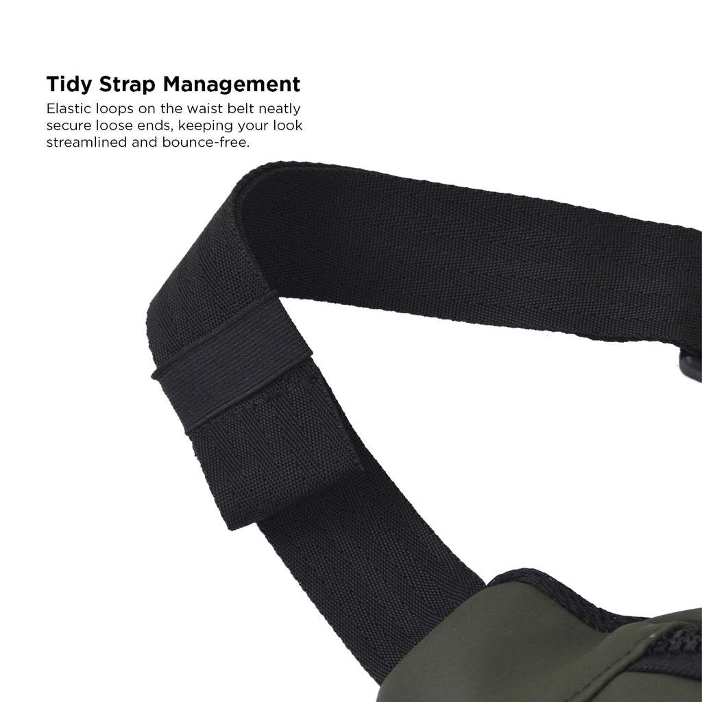 Close-up of Tidy Strap Management on an olive vegan leather waist bag, showcasing elastic loops for a streamlined look.
