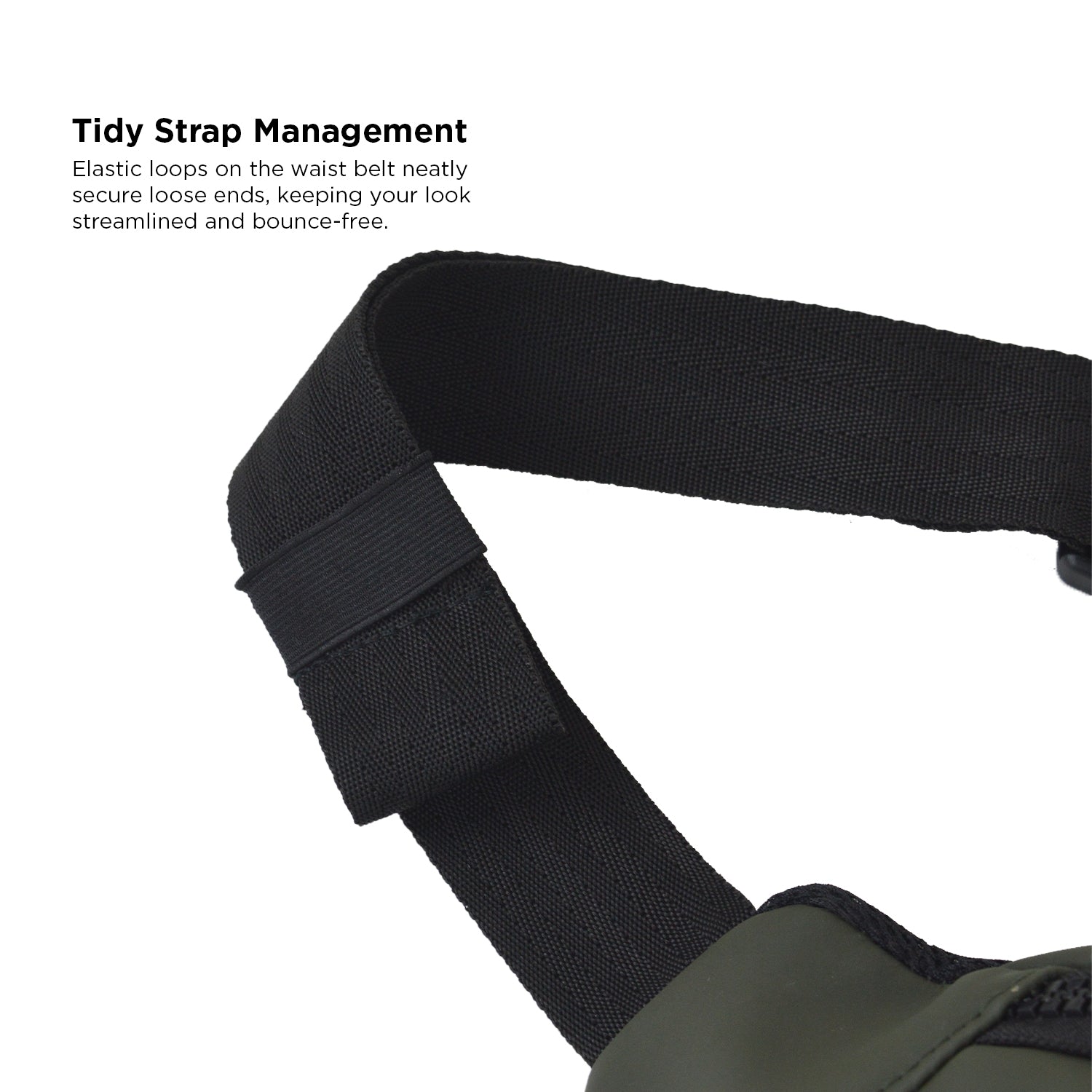 Close-up of Tidy Strap Management on an olive vegan leather waist bag, showcasing elastic loops for a streamlined look.