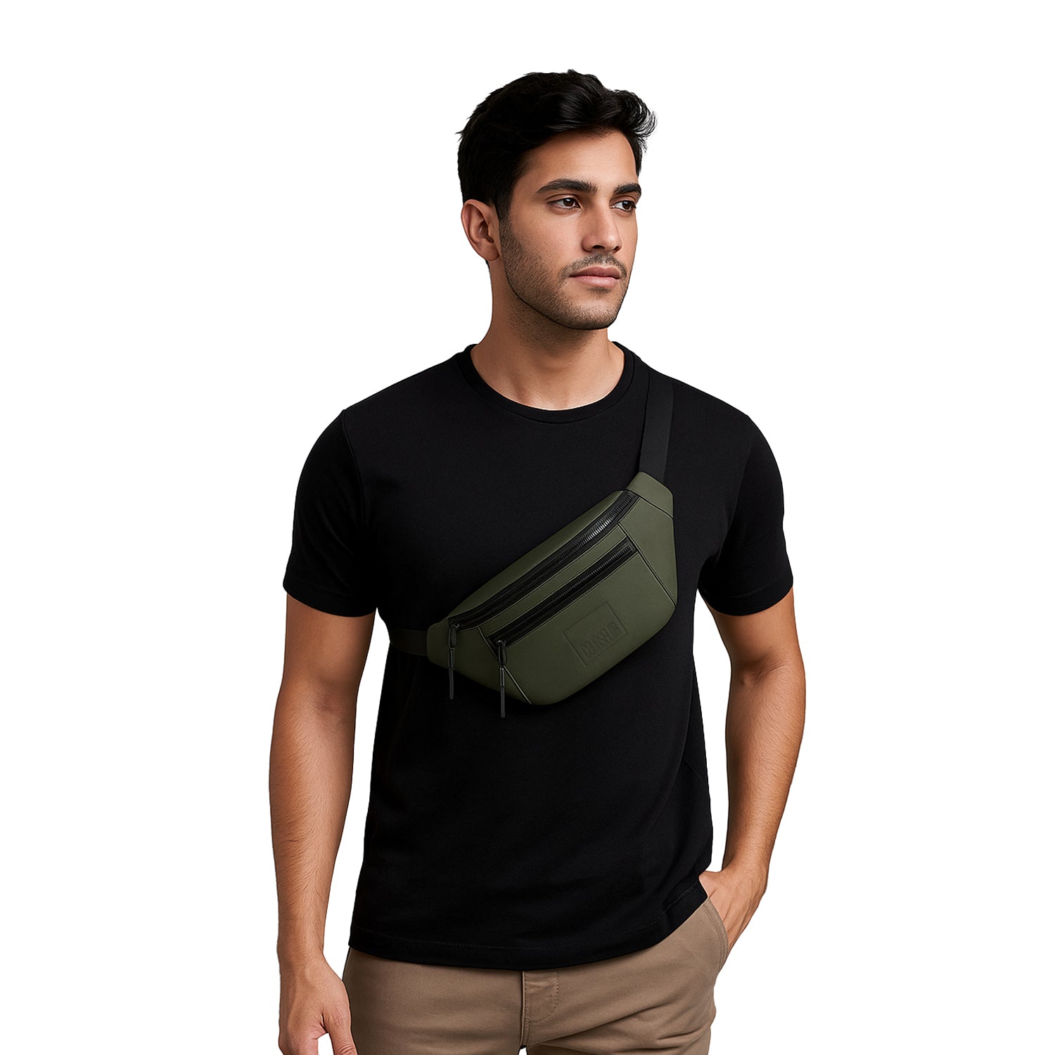 Man wearing a black shirt with an olive green waist bag, a stylish fanny pack made of vegan leather for daily use.