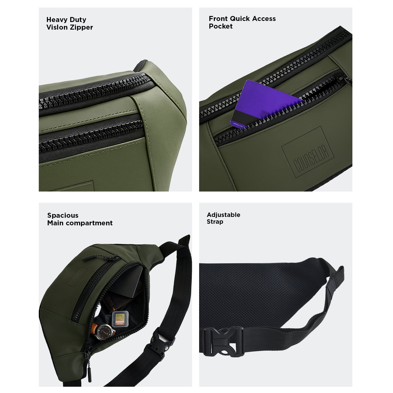 Four features of THE BLAZE Olive waist bag: heavy duty zipper, quick access pocket, spacious main compartment, adjustable strap.